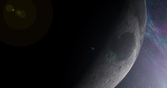 Coming around to the lit side of Earth's Moon, in medium orbit. Lens fx, nebulae. Reversible, can be rotated 180 degrees. Elements of this image furnished by NASA.