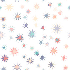 Seamless vector repetitive background with multicolored stars on white background.