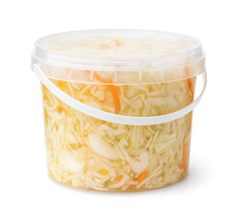Plastic bucket full of sauerkraut