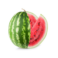 One chopped, watermelon fruit with a red cut out slice isolated on white background