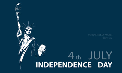 Independence Day, USA. Poster.Blue Linear Picture.Statue of Liberty, book.2018.National Symbol of America.Illustration, dark gray background. Use presentations,corporate reports,flag, postcards,vector