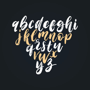 Vector hand lettering alphabet.Font of dry brush style. Calligraphy font letters on black background.