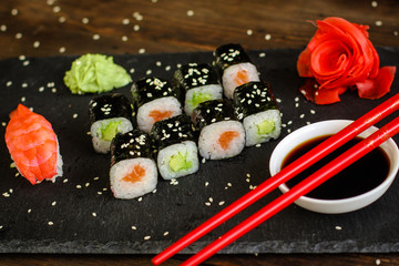 sushi rolls and sushi maki (a portion of sushi) - Sushi menu. Japanese food. food background