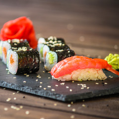 sushi rolls and sushi maki (a portion of sushi) - Sushi menu. Japanese food. food background