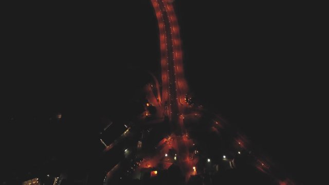 Aerial Night fly in Nesebar Old town Bridge and City