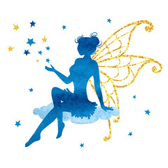 Watercolor fairy with stars. Vector illustration isolated on white. - obrazy, fototapety, plakaty