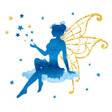 Watercolor fairy with stars. Vector illustration isolated on white.