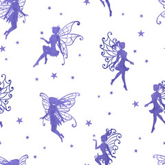 Seamless magical pattern with watercolor purple fairies and stars.