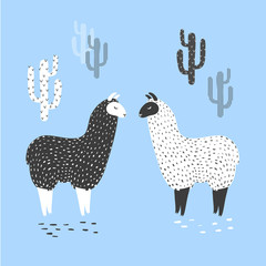 Vector illustration of two cute llamas and cactus
