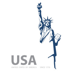 USA, Statue of Liberty, poster. Blue Linear Picture. National Symbol of America. Illustration, white, background. Use presentations, corporate reports, text, emblems, labels, logo, stripes, vector © VASYL