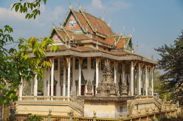 Stunning Khmer Pagoda. Regular sight in Buddhist Cambodia. Cambodia, near Battambang city, modern Wat Ek Phnom