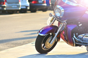 Traveling on a motorcycle background. Motorbike parked at downtown.