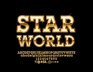Vector Golden luxury sign Star World. Sparkling stars Font. Elite Glamour Alphabet Letters, Numbers and Symbols