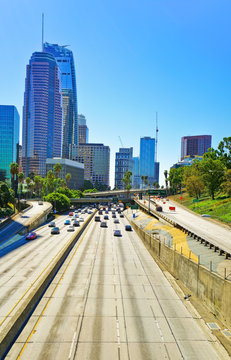 View of the office buildings and main roads in the financial district in Los Angeles on a sunny day.