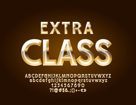Vector Extra Class Gold Alphabet Letters, Numbers and Symbols. Reflective elite Font