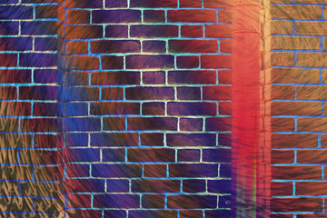 Hallucinogen surreal brick wall. Varicolored exotic brown fluorescent uneven wall. Haunted...