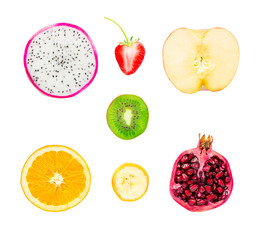 Collection of fresh fruit slices on white background.Dragon fruit ,strawberries,apple,kiwi,Orange,banana,pomegranate,with clipping path