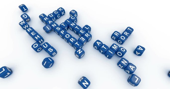 Rolling letter cubes forming words transportation with alpha mask