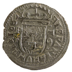 Ancient Spanish copper coin of King Felipe IV. 1664. !6 Maravedis. Reverse.