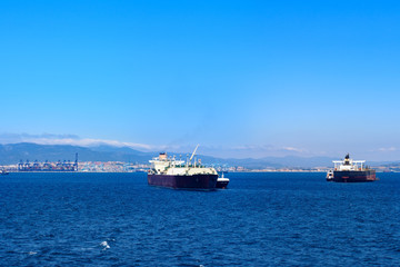 Fototapeta premium Gibraltar bay panoramic view with ships at anchorage