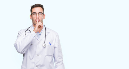 Handsome young doctor man asking to be quiet with finger on lips. Silence and secret concept.