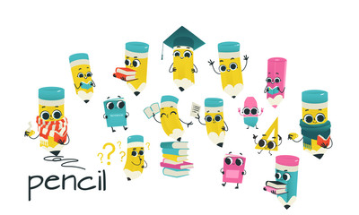 Humanized school supply set. Pencils with eraser at head, arms and face emotions, books and ruler. Flat vector illustration. Happy, smiling characters, Back to school concept, kids education