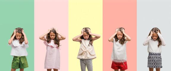 Collage of brunette hispanic girl wearing different outfits suffering from headache desperate and...