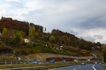 Fototapeta na wymiar Switzerland - October 29, 2017: Panorama of the landscape road