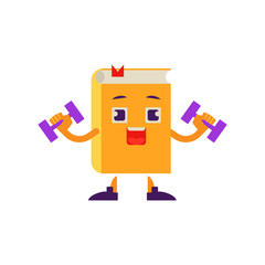 Cartoon book character athlete working out in gym doing dumbbell exercise. Vector humanized sport textbook for kindergarten, preschool and school kids design.