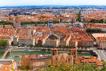 Aerial view of Lyon cityscape with the Saone river
