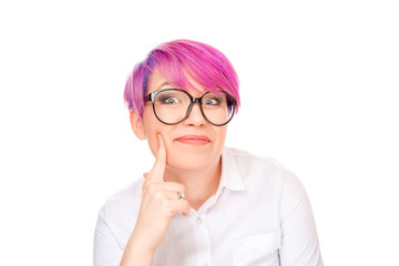 woman looking at you camera touching cheek with index finger