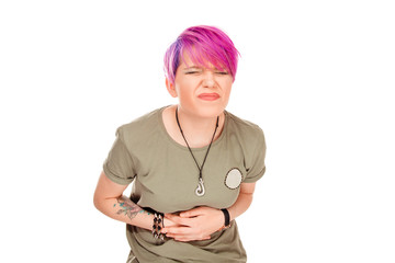 woman hands on stomach having bad aches pain