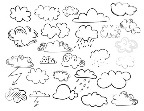 vector clouds doodle collection. weather forecast elements. hand drawn cartoon clouds.