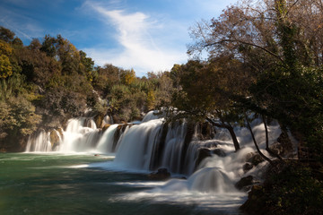 Swollen waterfall after heavy rains on Krka River, Krka national park in Croatia