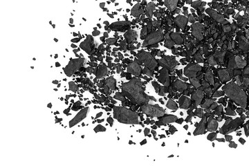 Pile black coal isolated on white background, top view