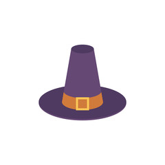 Pilgrim blue hat with buckle and belt, symbol of harvest, thanksgiving holiday. American traditional decoration objects, colony farmers element. Vector isolated illustration