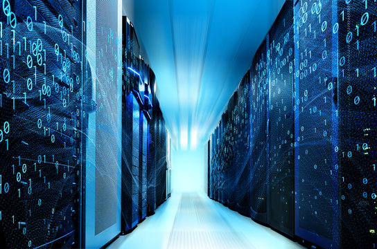 Abstract virtual digital stream flowing binary code and neon glowing wave on modern data center servers in data center. Storage cloud structure. Data transfer or signal transmission concept. - Powered by Adobe