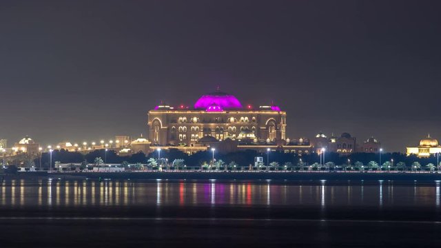 Emirates Palace illuminated at night timelapse, Abu Dhabi, United Arab Emirates