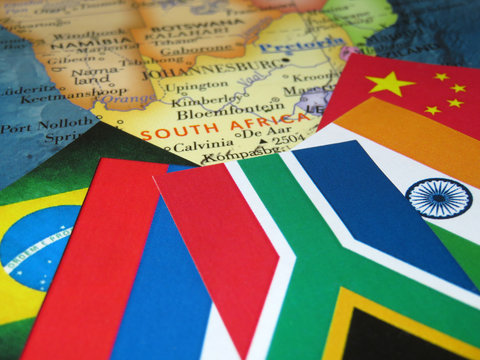 Flags of the BRICS countries on the South Africa map. Concept for summit of Brazil, Russia, India, China and South Africa in Johannesburg, RSA