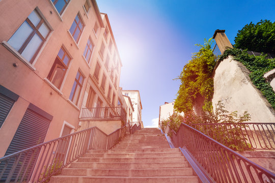 Stairway going up in old district of Lyon, France