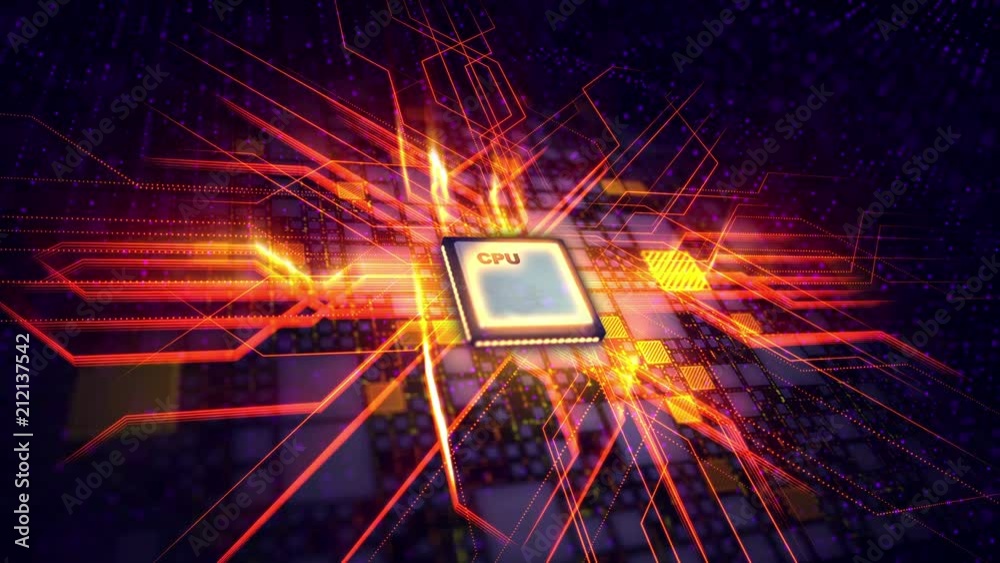 Poster a hi-tech 3d rendering of a cpu processor placed askew in the violet background. it is surrounded wi