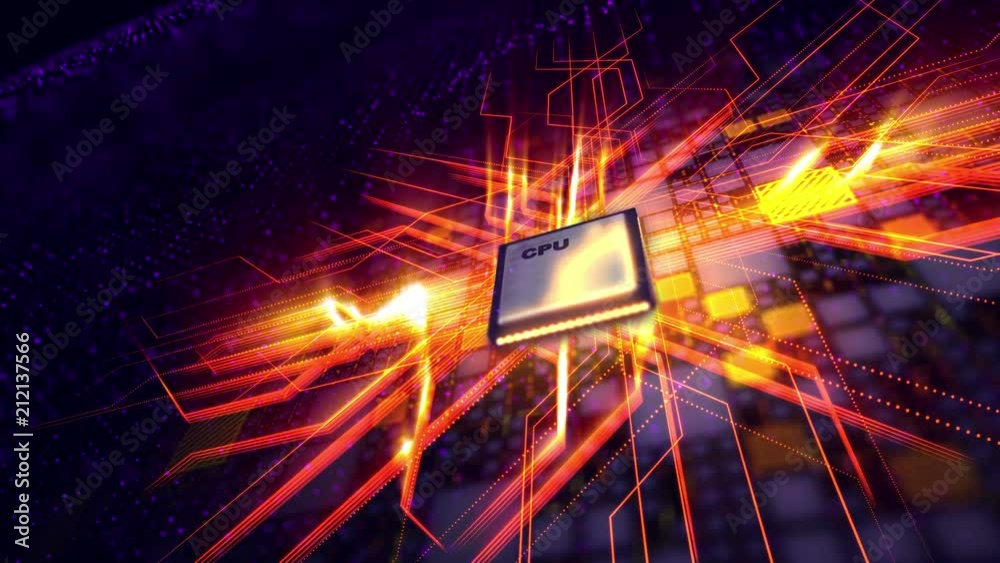Poster 3d rendering of a cpu microprocessor placed aslant in the violet backdrop with a zoom out effect. it