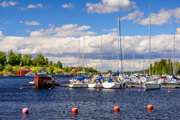 Fototapeta na wymiar picturesque Lappeenranta port with yachts and boats on a Sunny summer day, Finland