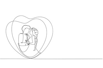 Bride and groom. Couple in love. Wedding. A man and a woman look at each other. Drawing a continuous line.