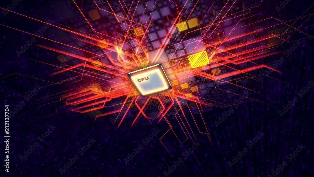 Poster an ultramodern 3d rendering of a square cpu processor located askew in the violet motherboard. it is