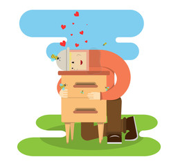 bee-keeper protects bees,love of honey insects,cartoon character, vector image, flat design