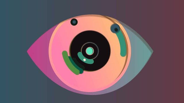 3d rendering of a manmade eye with a blue pupil, black and rosy iris and violet retina. It opens and closes, while its iris moves right and left in the grey background. It has cameras in slots. 