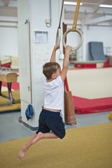 Little boy on gymnastic rings in professional gymnasium © buenafoto