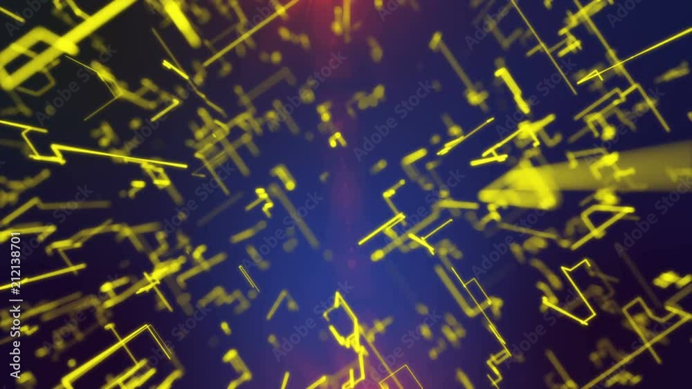 Poster a virtual 3d rendering of a grid of golden crisscross matrix lines glittering and rotating around in