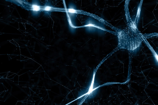 Artistic dark blue colored neuron cell in the brain on black illustration background.